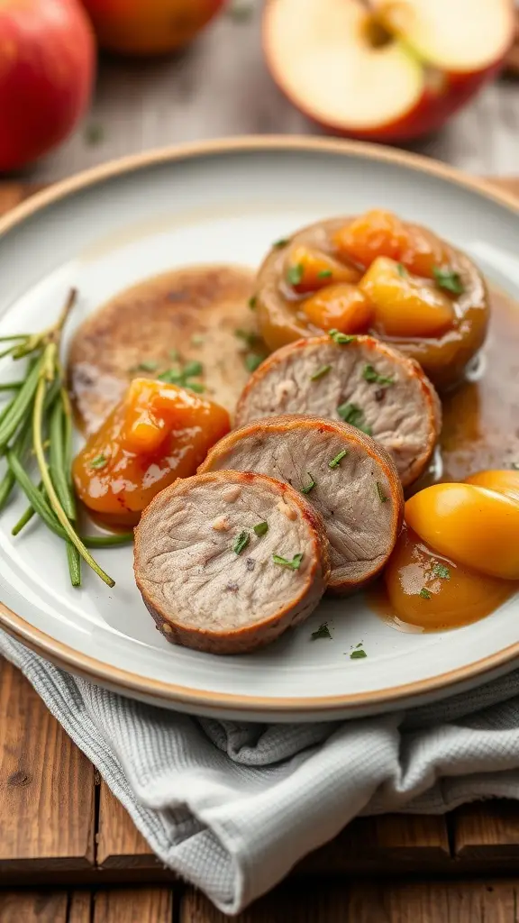 Pork tenderloin medallions served with apple chutney on a plate