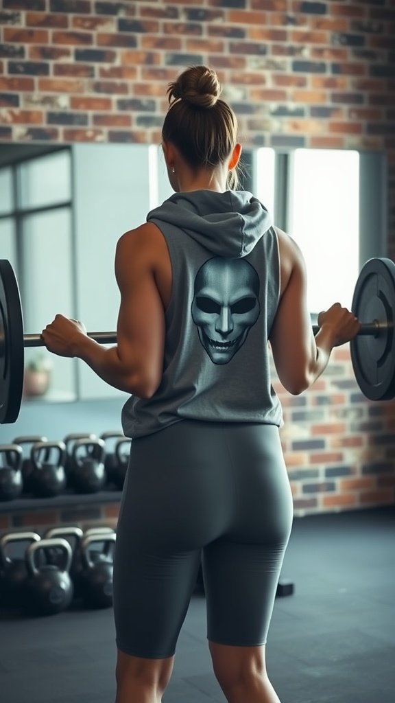 A person lifting weights in a gym, wearing a sleeveless hoodie with a skull design and fitted shorts.