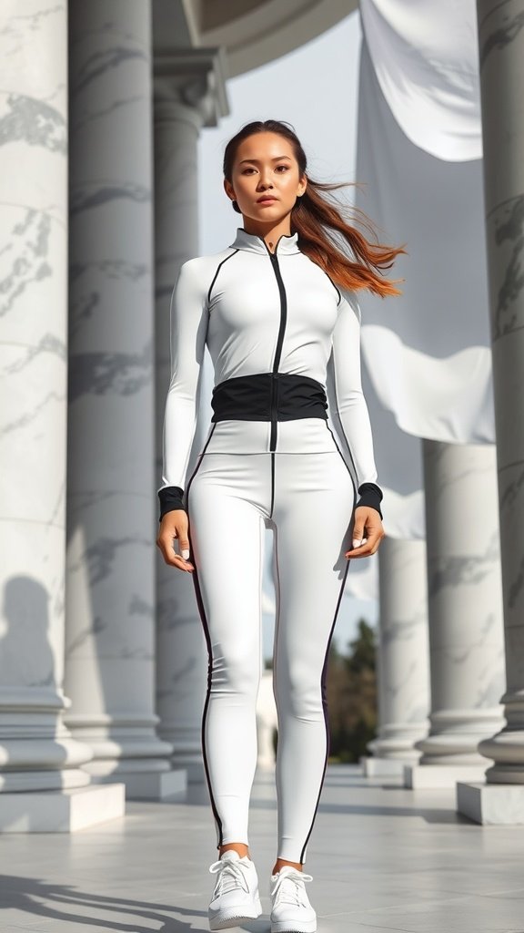 A woman in a sleek workout outfit jumping rope in a stylish setting with marble columns.
