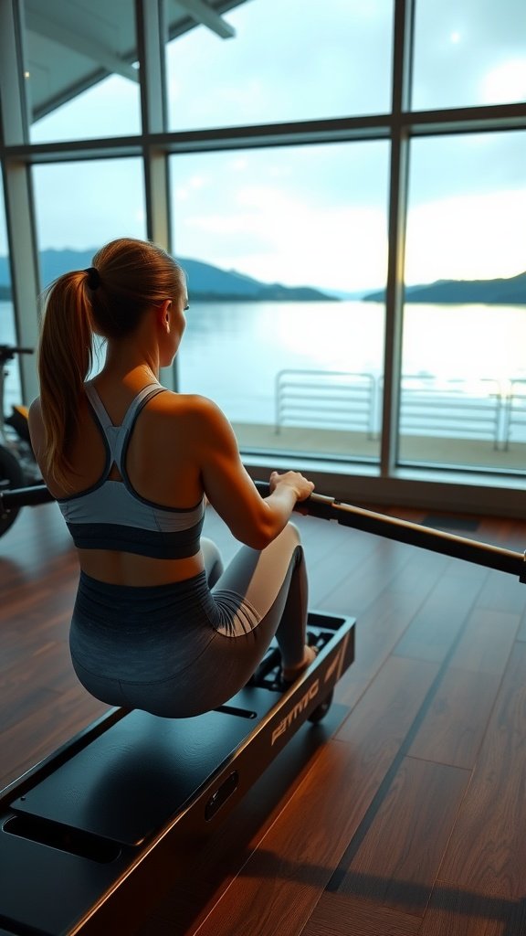 A woman in a stylish workout outfit using resistance bands in a gym with a scenic view.