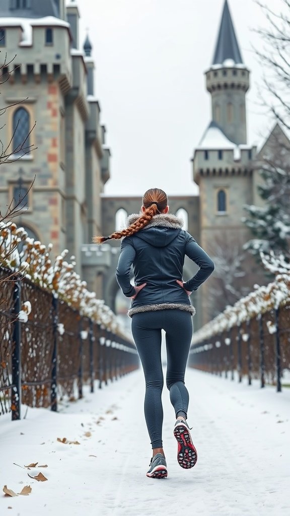 A woman jogging in winter attire on a snowy path with a castle in the background.