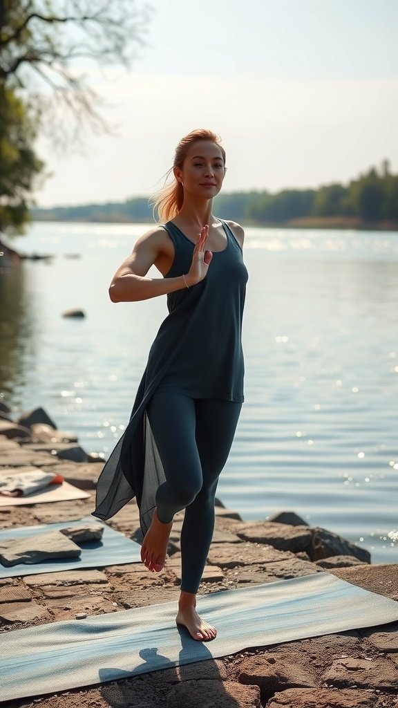 A woman performing a yoga pose by the water, wearing a stylish workout outfit.