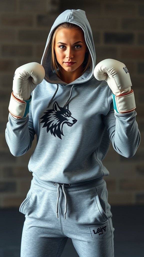 A woman in a gray hoodie and sweatpants with boxing gloves, representing a fierce workout look.