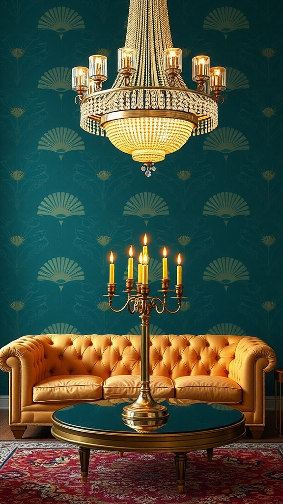 A lavish drawing room featuring a gold-tufted couch, a chandelier, and a round coffee table.