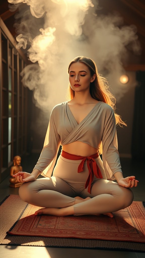 A woman meditating in a stylish workout outfit surrounded by candles and statues.