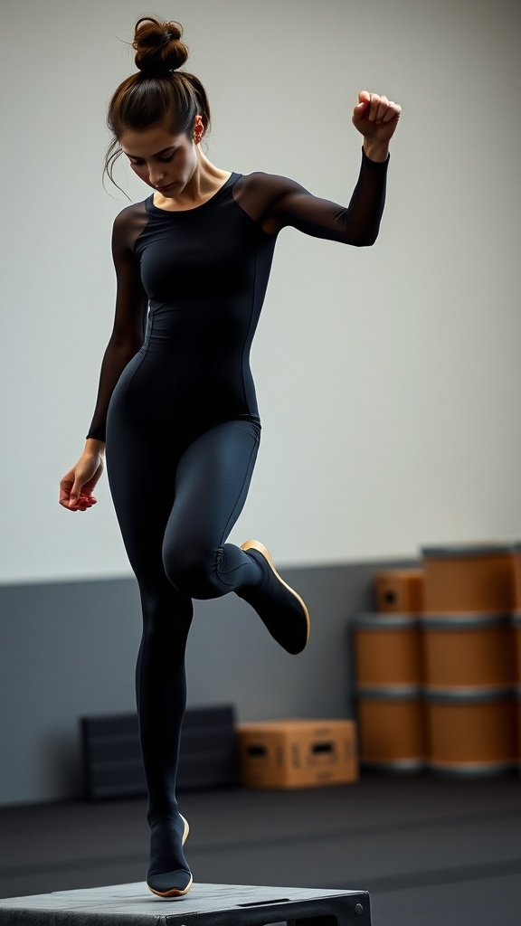 A woman wearing a black agility suit with mesh sleeves, demonstrating a workout pose.