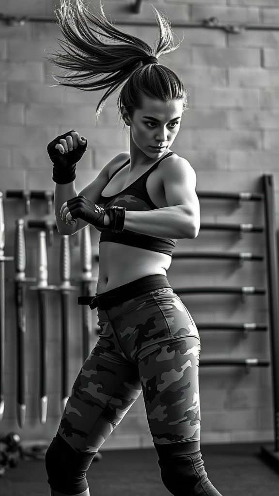 A confident woman in athletic wear, showcasing strength and style during a workout.
