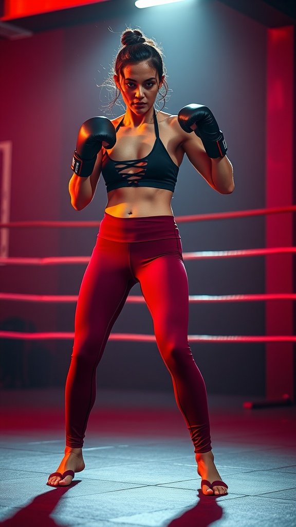 A confident athlete in a black sports bra and red leggings, wearing boxing gloves, ready for a workout.