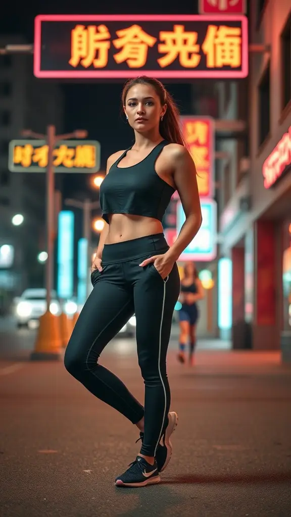 A confident woman in black workout gear standing on a city street with neon signs in the background.