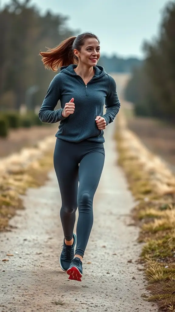 A woman jogging on a path surrounded by trees, wearing a dark hoodie and leggings.
