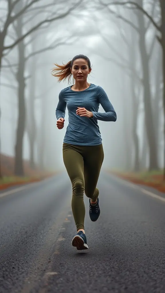 A woman running on a misty road, wearing a fitted workout outfit, embodying strength and determination.