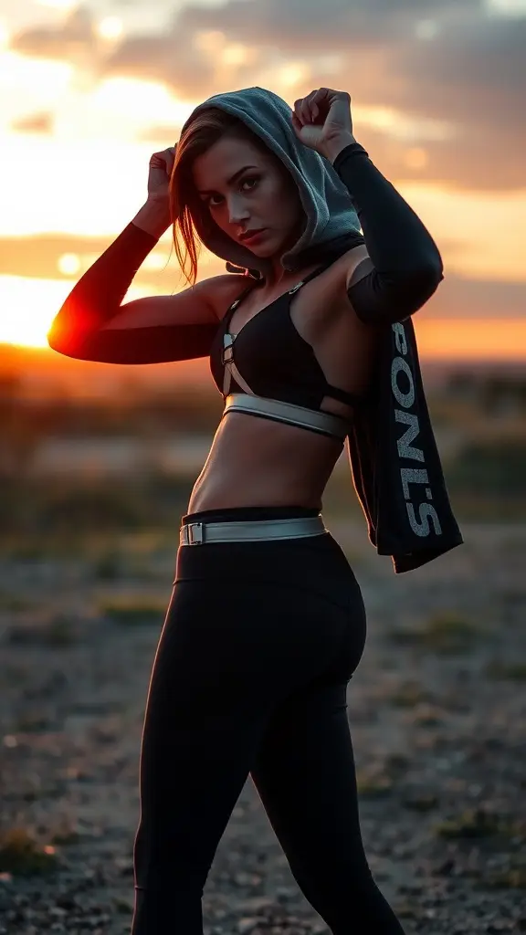 A confident figure in a workout outfit with a sword, standing against a sunset.