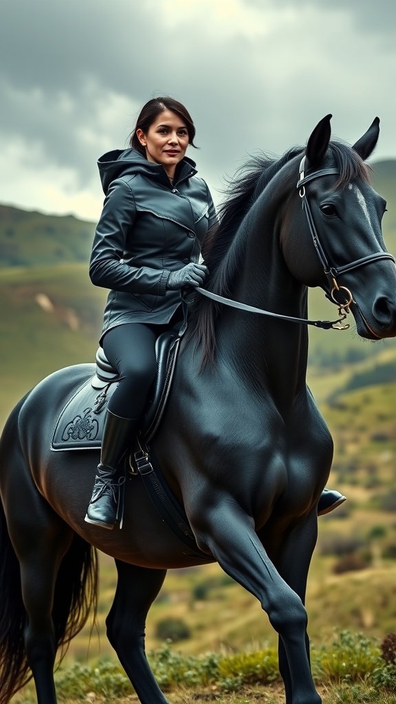 A rider in a quilted jacket on a black horse, set against a dramatic landscape.