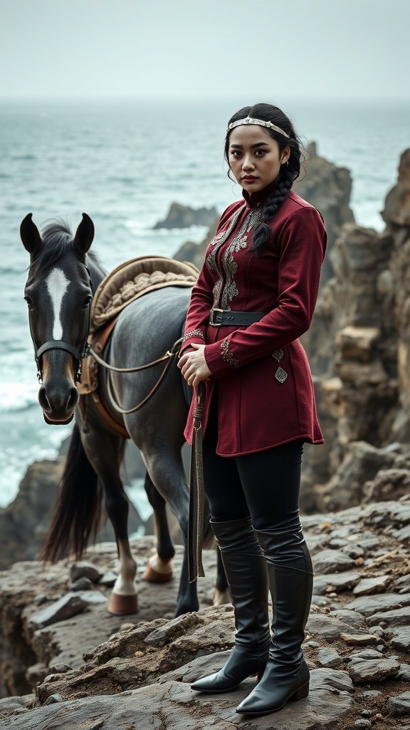 A rider in a burgundy outfit stands next to her horse on rocky cliffs by the ocean.