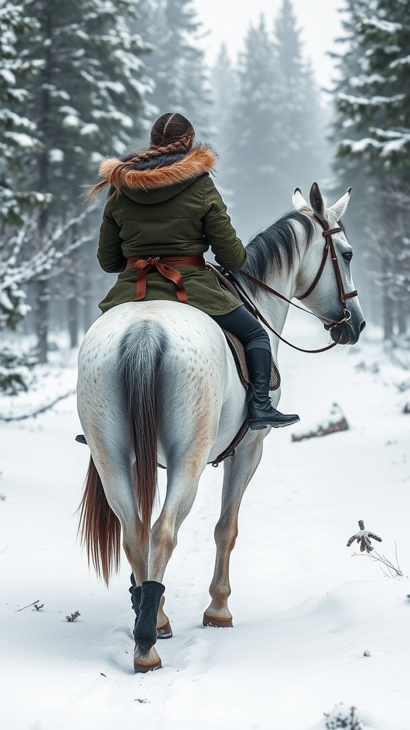 A rider in a green coat with a fur-lined hood on a gray horse in a snowy forest.