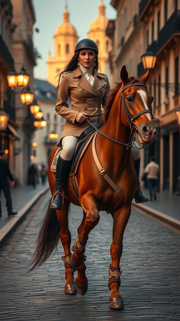 A rider in a stylish outfit on a chestnut horse, navigating the cobblestone streets of King’s Landing.
