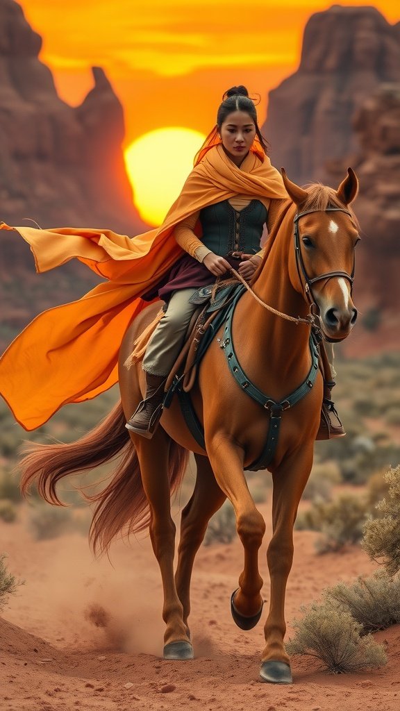 A rider in an orange scarf on horseback during sunset in a desert landscape.