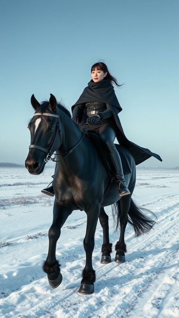 A rider in a black cloak on a black horse, set against a snowy landscape and pastel sky.
