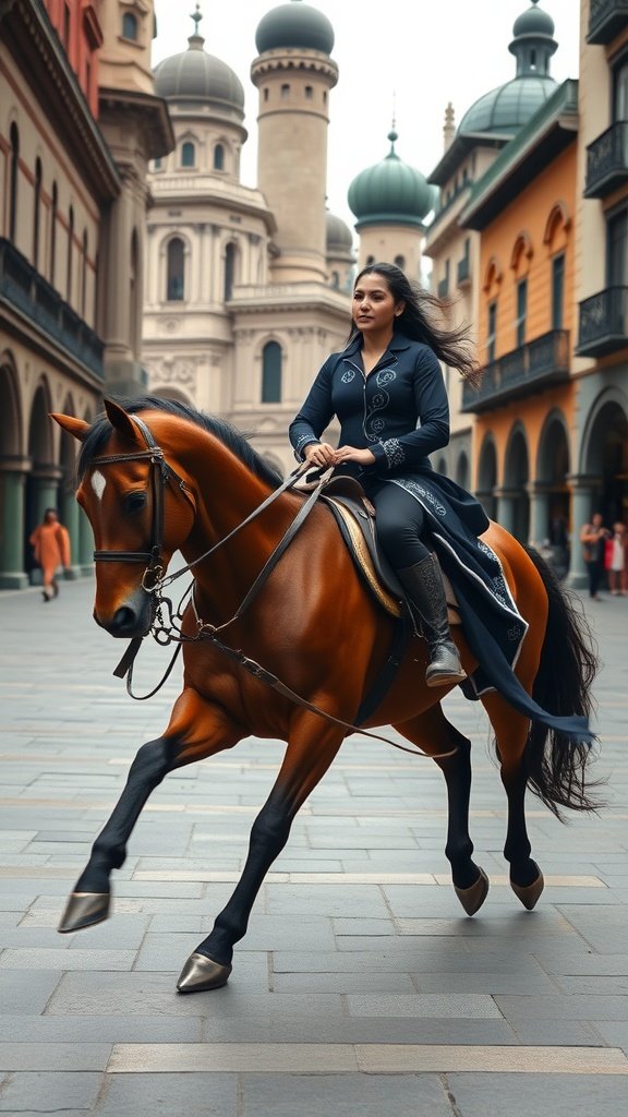 A rider in a stylish outfit riding a horse through a cobblestone street with historic buildings.