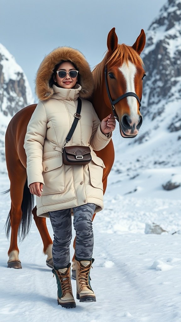 A rider in a cream puffer jacket with a fluffy hood stands next to a brown horse in a snowy landscape.