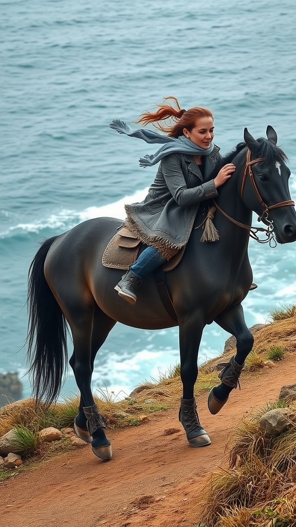 A rider on a black horse at a cliff overlooking the ocean, with wind in their hair and a stylish outfit.