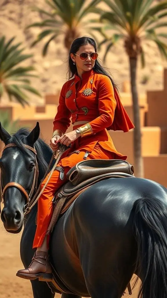 A rider in an orange outfit on a black horse, surrounded by palm trees.