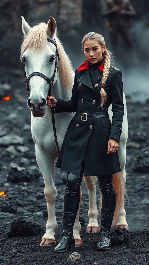 A model in a black coat with red accents stands next to a white horse in a volcanic landscape.