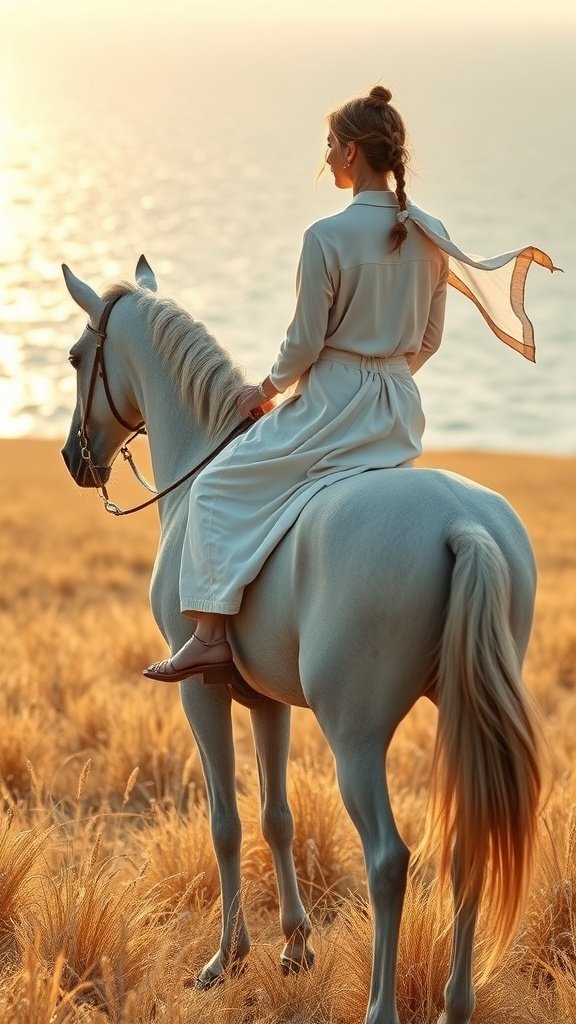 A rider in a flowing outfit sits on a white horse, overlooking a sunset by the water.