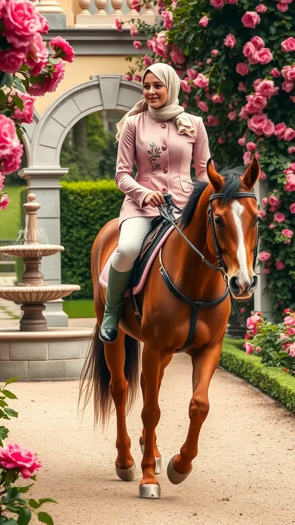 A rider in a pink coat and scarf on a horse, surrounded by blooming roses in a garden.