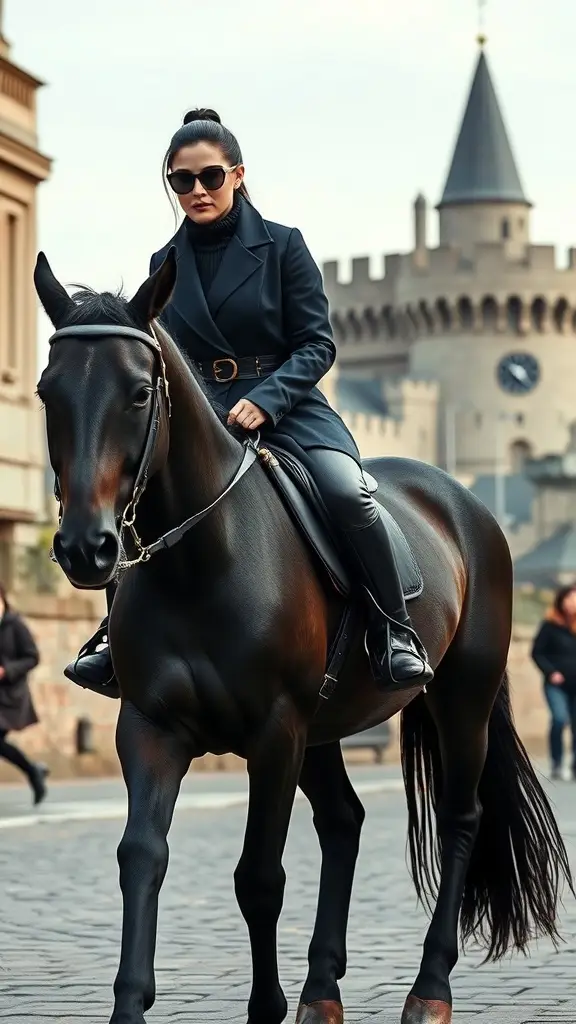 A woman in a black outfit riding a black horse in a medieval city setting with castles.