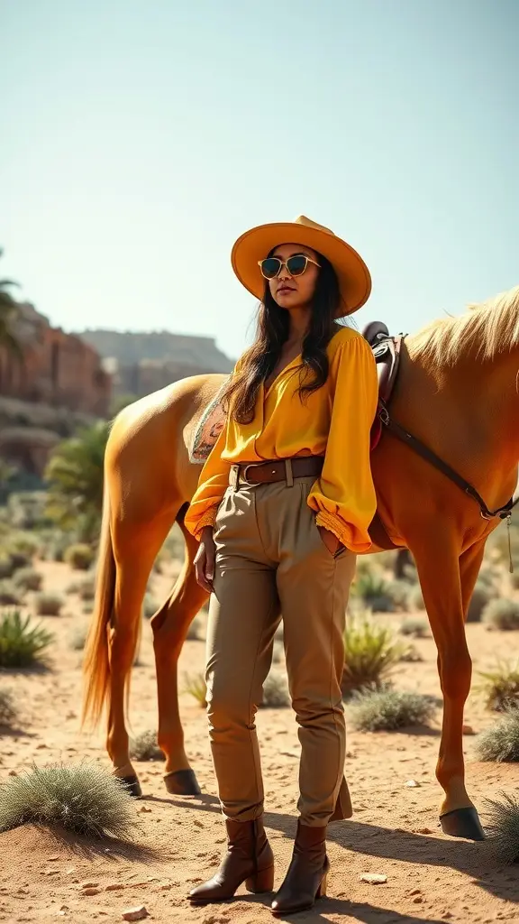 A woman in a yellow blouse and beige pants stands next to a horse in a sunlit desert.