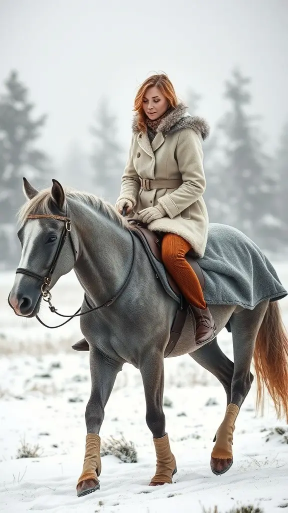 A rider in a cream coat with fur lining on a gray horse in a snowy landscape.