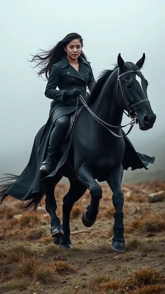 A rider in a black coat on a black horse in a foggy landscape.