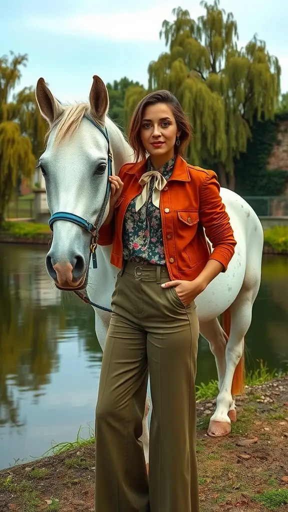 A woman in a floral blouse and rust jacket stands next to a white horse by a pond, showcasing a stylish riding look.