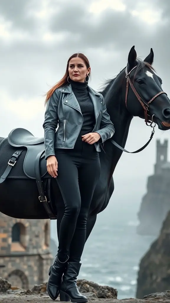 A woman in a leather jacket and fitted pants stands next to a horse against a stormy coastal backdrop.