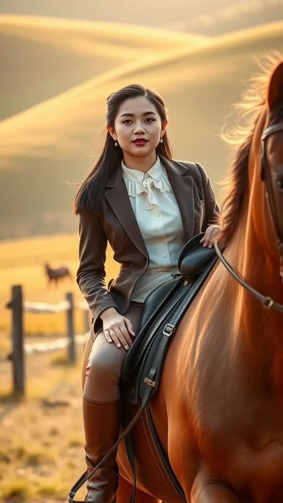 A rider in a tailored outfit sitting on a horse in a golden field during sunset.