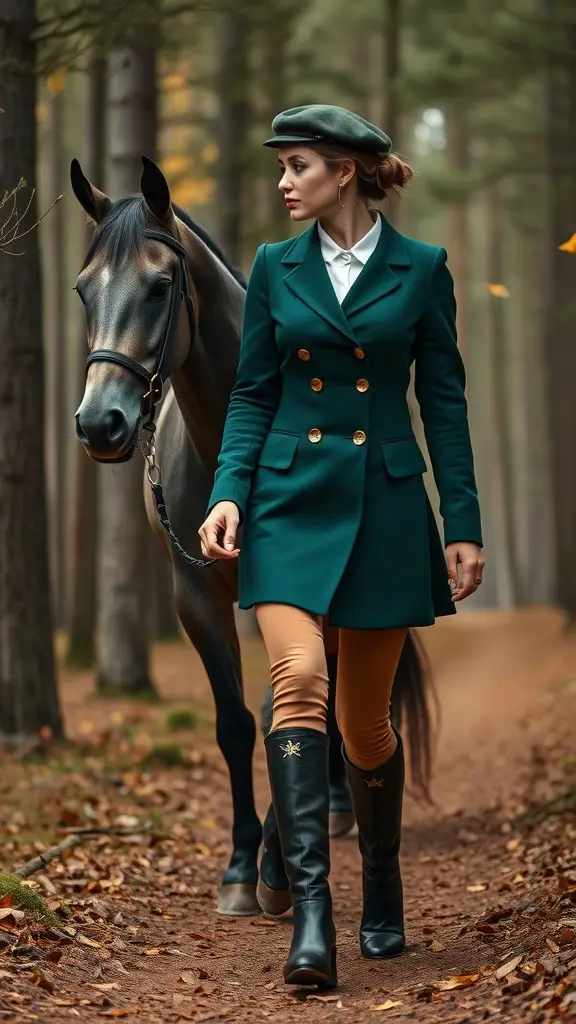 A woman in a green coat and riding boots walking with a horse in a forest.