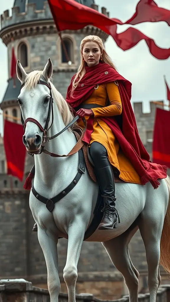 A rider in a golden cloak and red attire on a white horse in front of a castle.