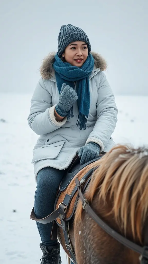 A rider in a puffy coat and scarf sitting on a horse in a snowy landscape.