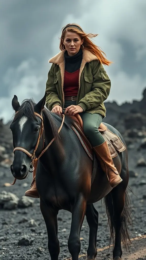 A confident rider in a cozy jacket on a black horse, set against a dramatic cloudy backdrop.
