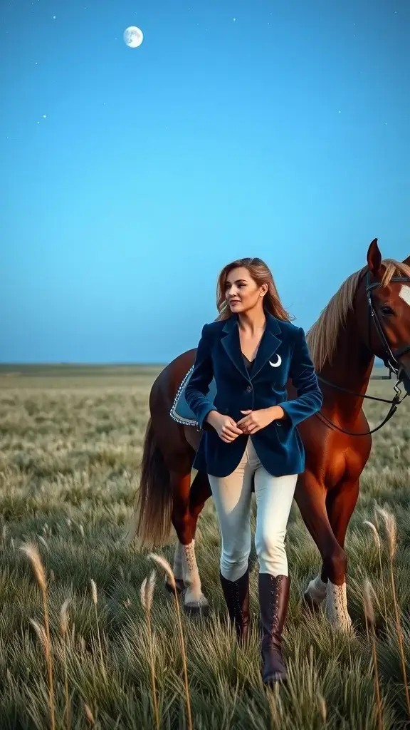 A rider in a stylish outfit walking a horse under a full moon on the Dothraki Sea.