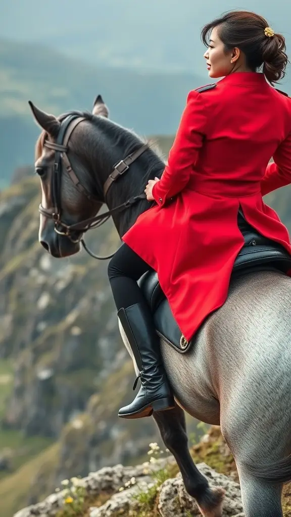 A rider in a red coat on a horse, overlooking a mountainous landscape.