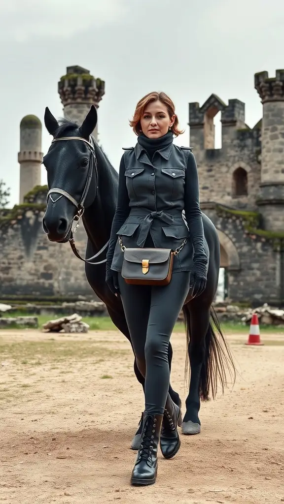 A confident rider in a sleek outfit walking with her horse in front of ancient ruins.