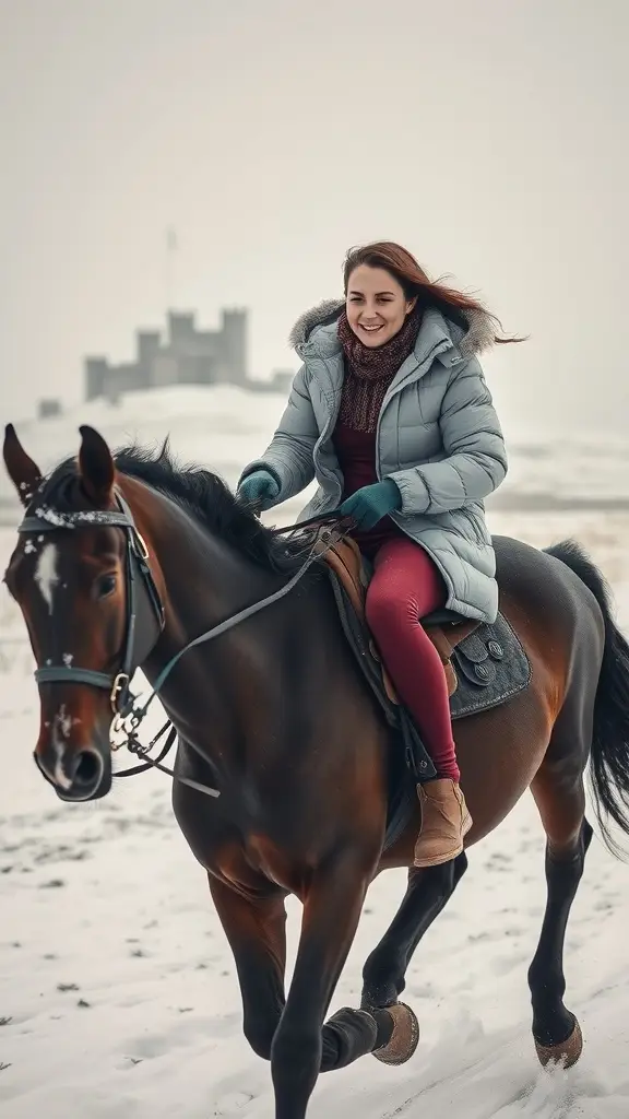 A woman riding a horse in a snowy landscape with a castle in the background.