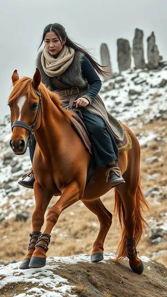 A confident rider on a horse, dressed in layered clothing against a rugged landscape.