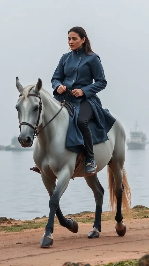 A woman in a blue coat riding a grey horse by the water.