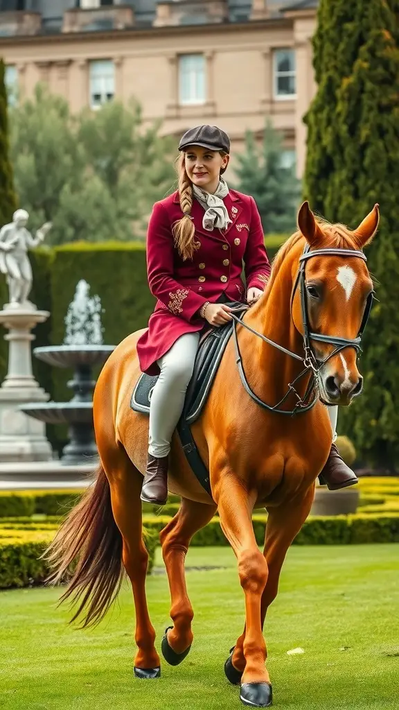 A rider in a red jacket on a golden chestnut horse in a garden setting.