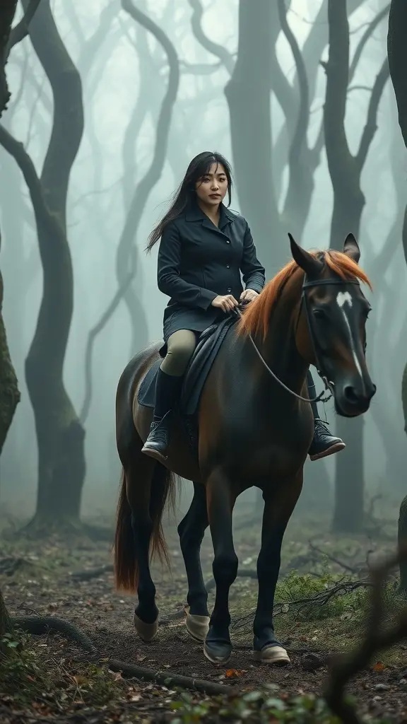 A rider in a black coat cycling through a foggy forest path with tall trees.