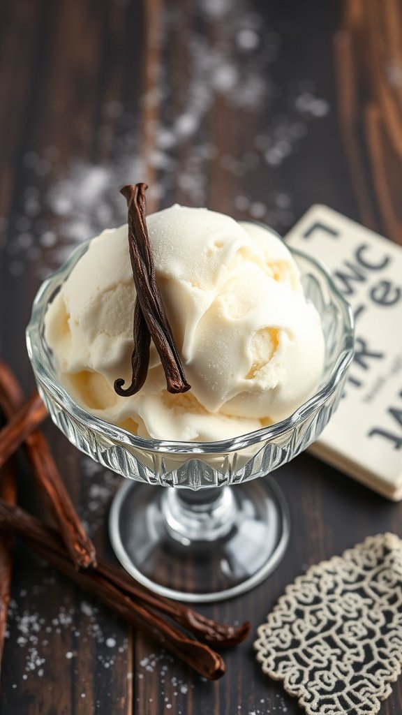 A bowl of vanilla bean ice cream with vanilla pods on a wooden table.