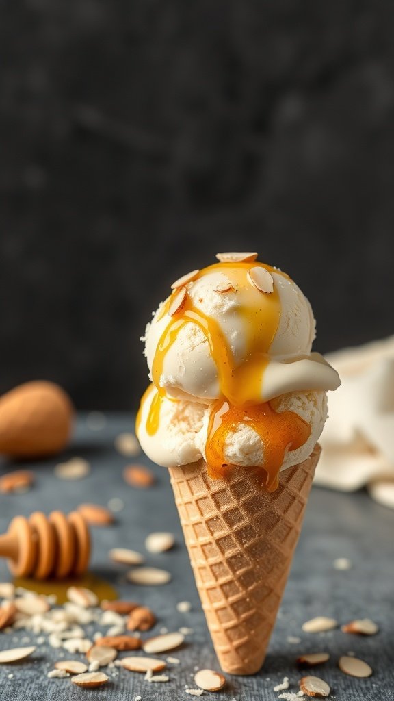 A cone of honeycomb and almond ice cream drizzled with honey, surrounded by almonds and honeycomb pieces.